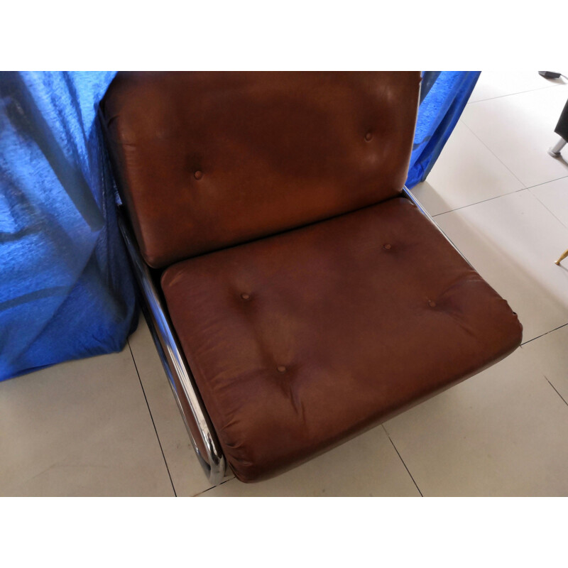 Vintage Brown leather convertible armchair 1970s