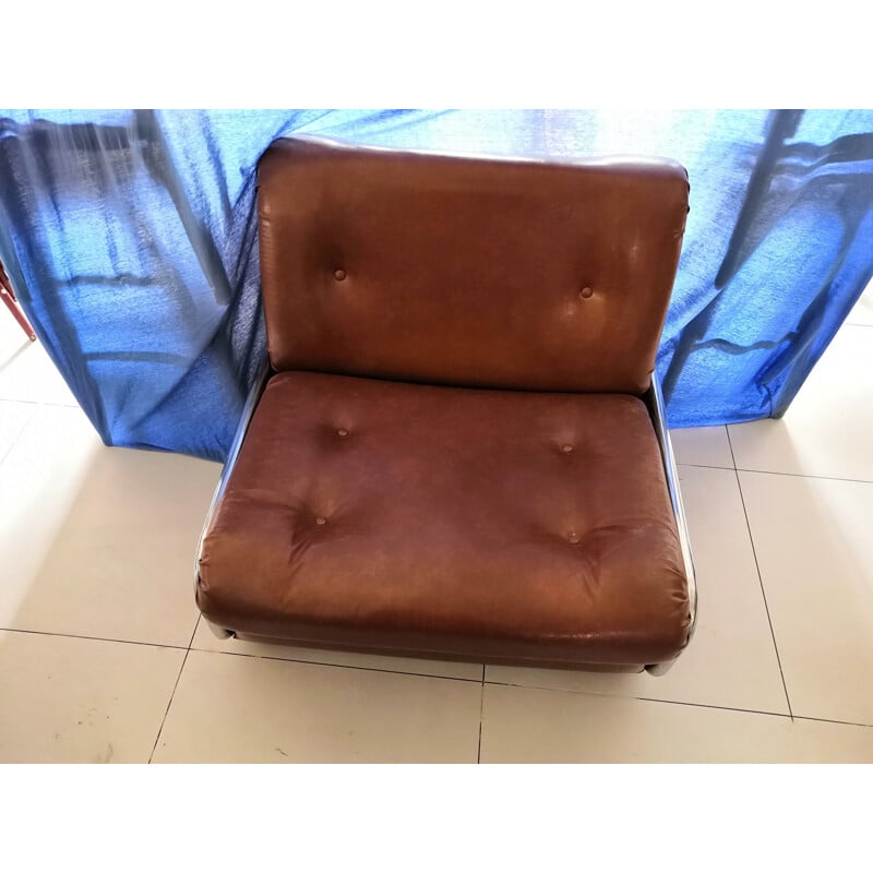 Fauteuil vintage convertible en cuir marron 1970