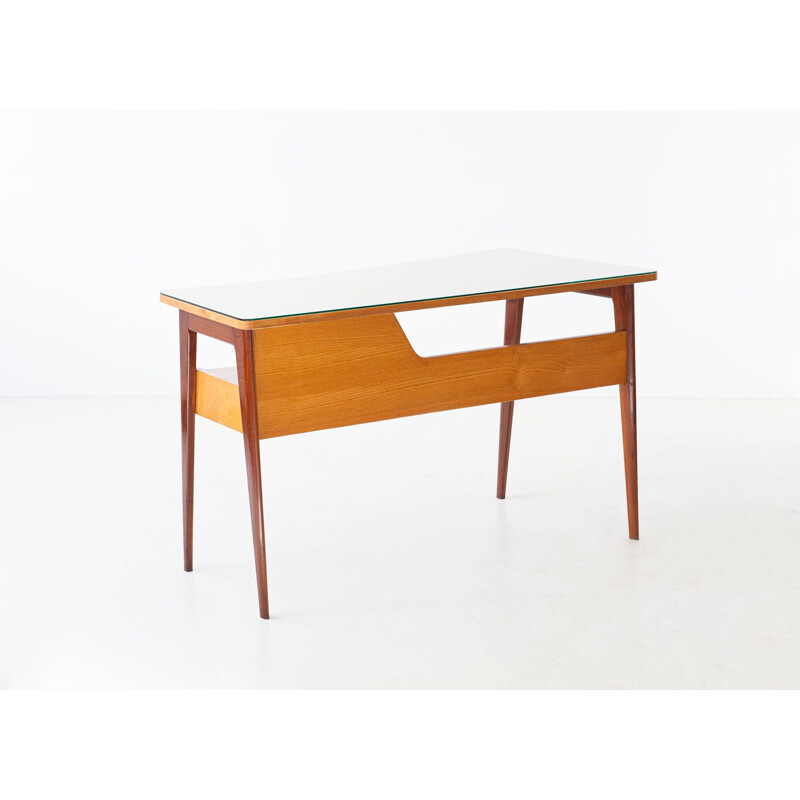 Table de bureau vintage en acajou et bois de chêne avec plateau en verre, Italie 1950