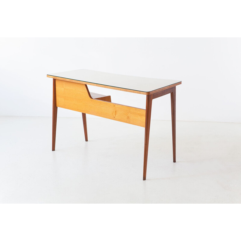 Table de bureau vintage en acajou et bois de chêne avec plateau en verre, Italie 1950