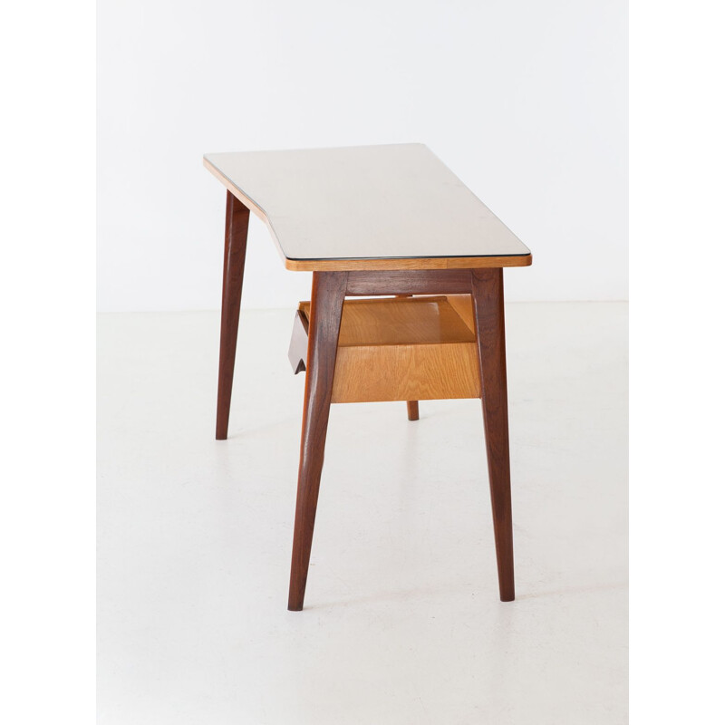 Vintage Desk Table in Mahogany and Oakwood with Glass Top, Italian 1950s