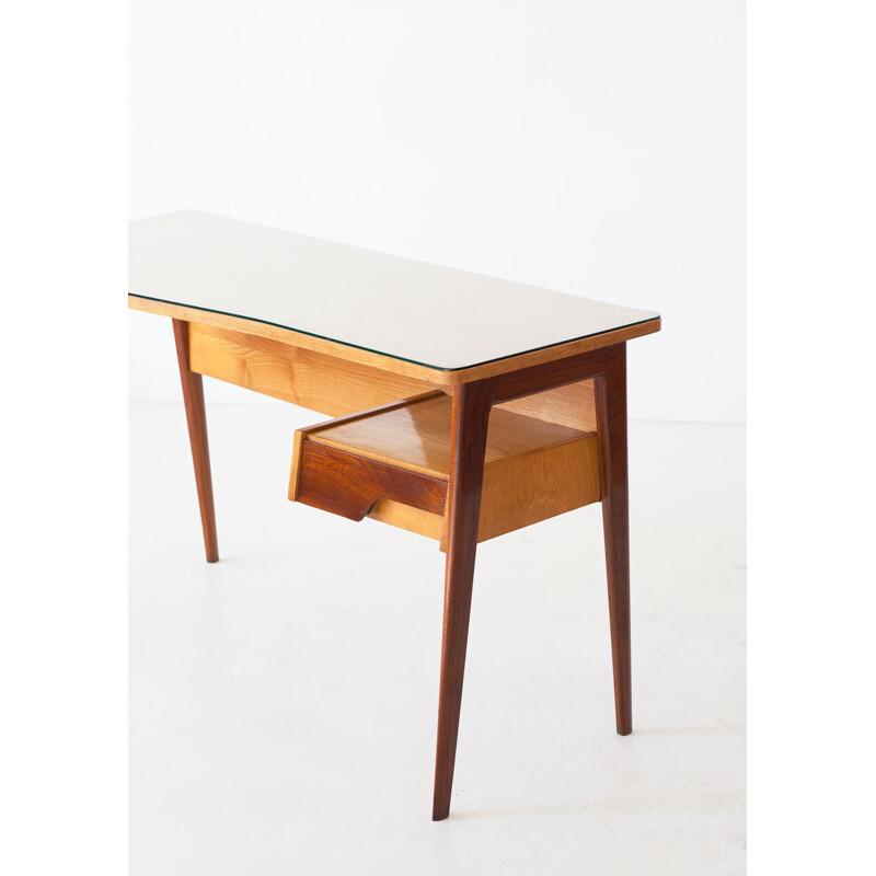 Vintage Desk Table in Mahogany and Oakwood with Glass Top, Italian 1950s