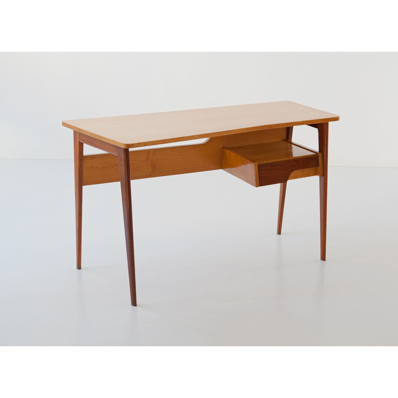 Vintage Desk Table in Mahogany and Oakwood with Glass Top, Italian 1950s