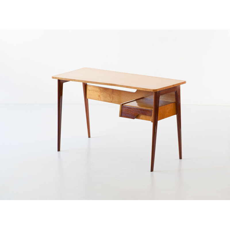 Vintage Desk Table in Mahogany and Oakwood with Glass Top, Italian 1950s