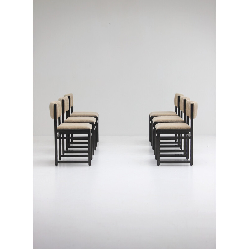 Set of 6 vintage black stained oak chairs with Bouclé 1970s