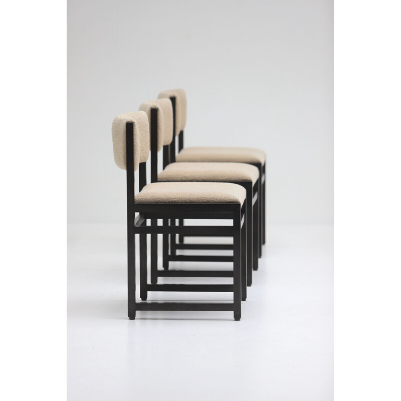 Set of 6 vintage black stained oak chairs with Bouclé 1970s