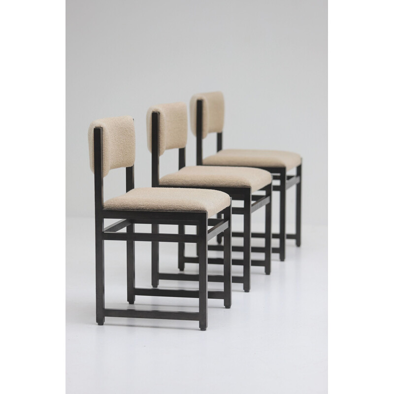 Set of 6 vintage black stained oak chairs with Bouclé 1970s