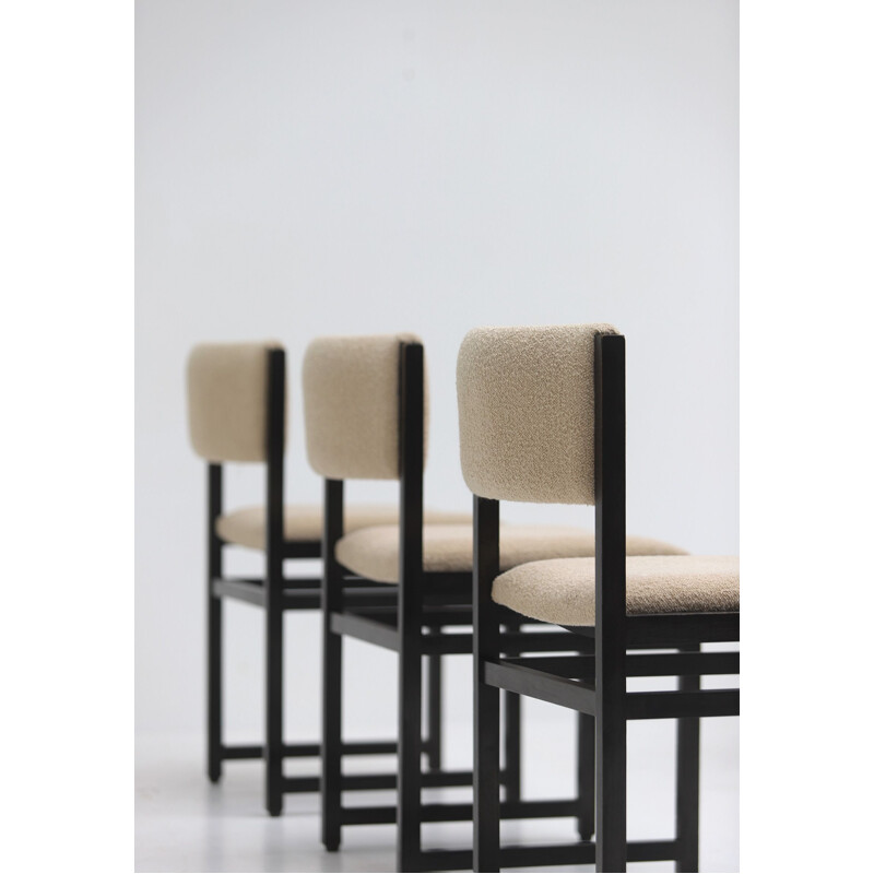 Set of 6 vintage black stained oak chairs with Bouclé 1970s
