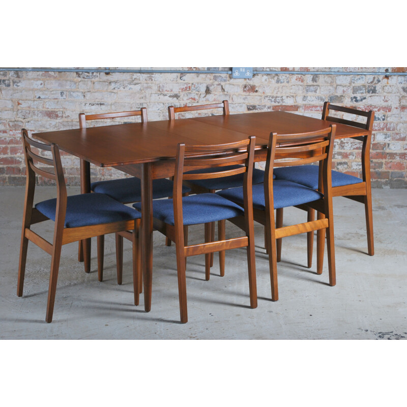 Vintage extending teak dining table and 6 chairs, British 1960s