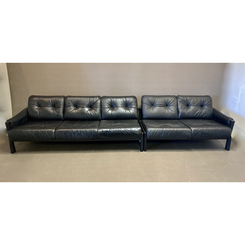 Vintage 5 seater modular sofa in black leather 1960s