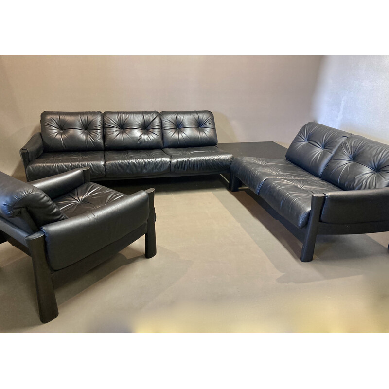 Vintage 5 seater modular sofa in black leather 1960s