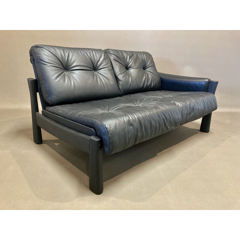 Vintage 5 seater modular sofa in black leather 1960s