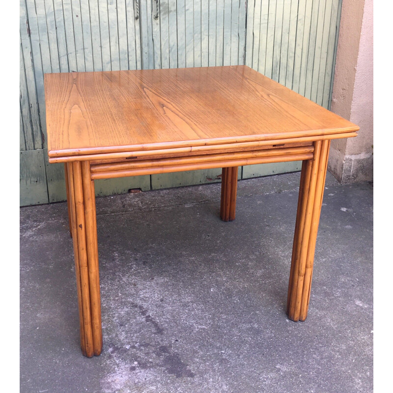 Table à repas vintage en bois et bambou 1970