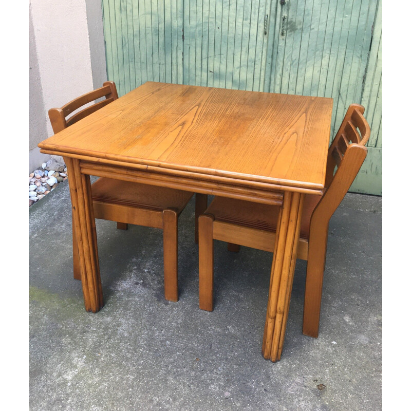 Table à repas vintage en bois et bambou 1970