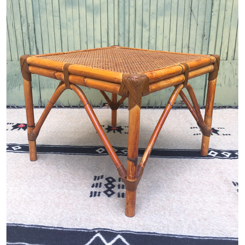 Table basse vintage bois et bambou 1970