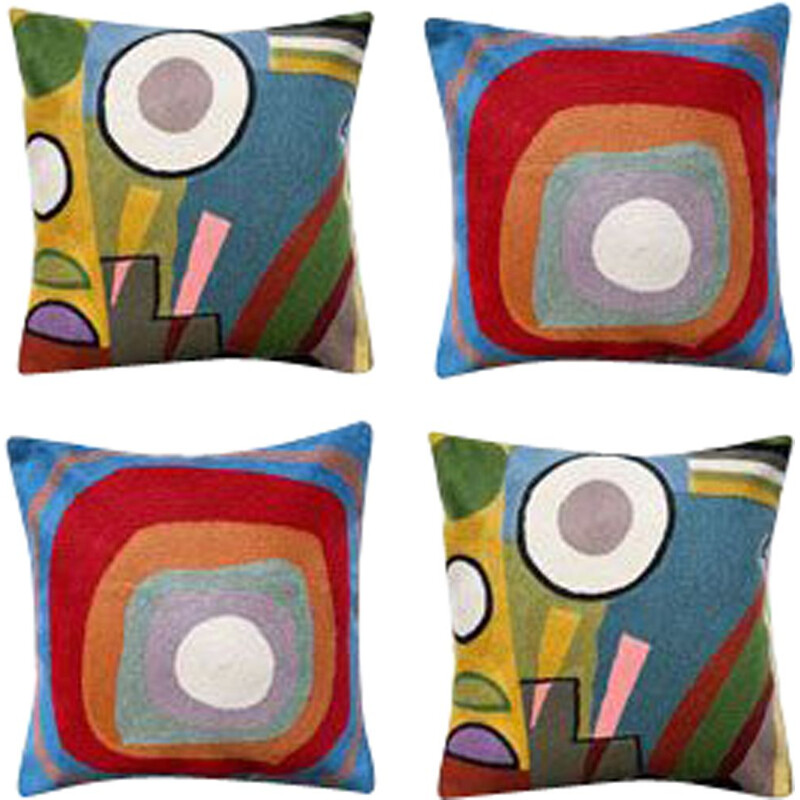 Lot de 4 housses de coussin vintage multicolores en laine brodée de motifs abstraits