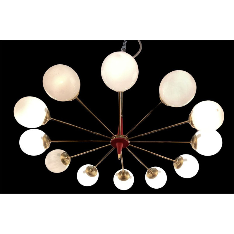 Large vintage opal glass chandelier 1960