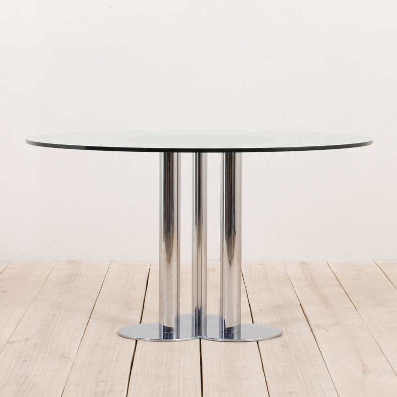 Round vintage glass table with chrome base by Sergio Asti for Poltronova, Italy 1970