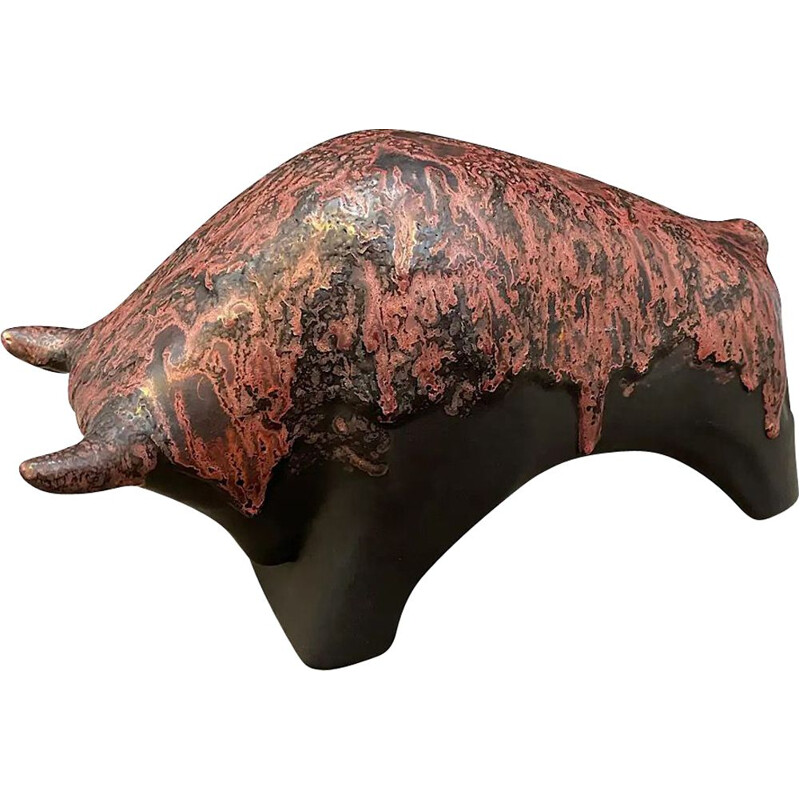 Vintage Modern Red and Black Lava Ceramic Bull by Otto Keramik, Germany 1970s