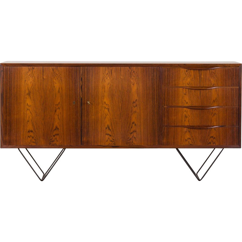  Vintage rosewood sideboard with 4 drawers on right side with black steel legs Skovby, Danish