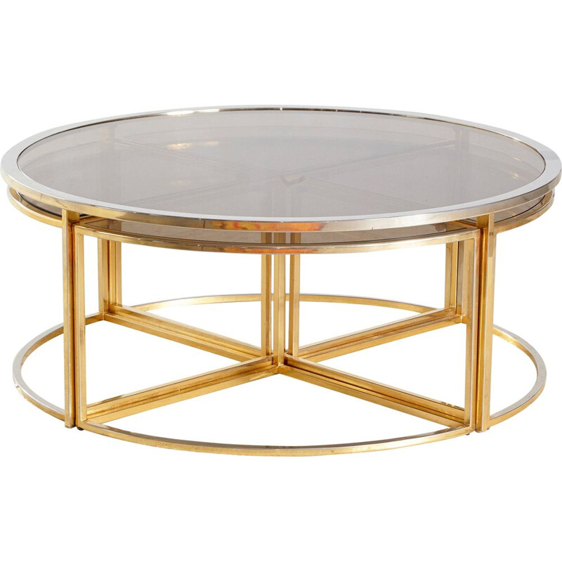 Set of 5 vintage Golden Framed Round Glass Coffee Table and Nesting Tables 1960s