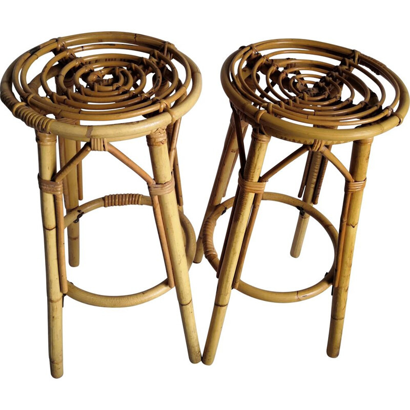 Pair of vintage high bar stools in rattan and bamboo 1960s