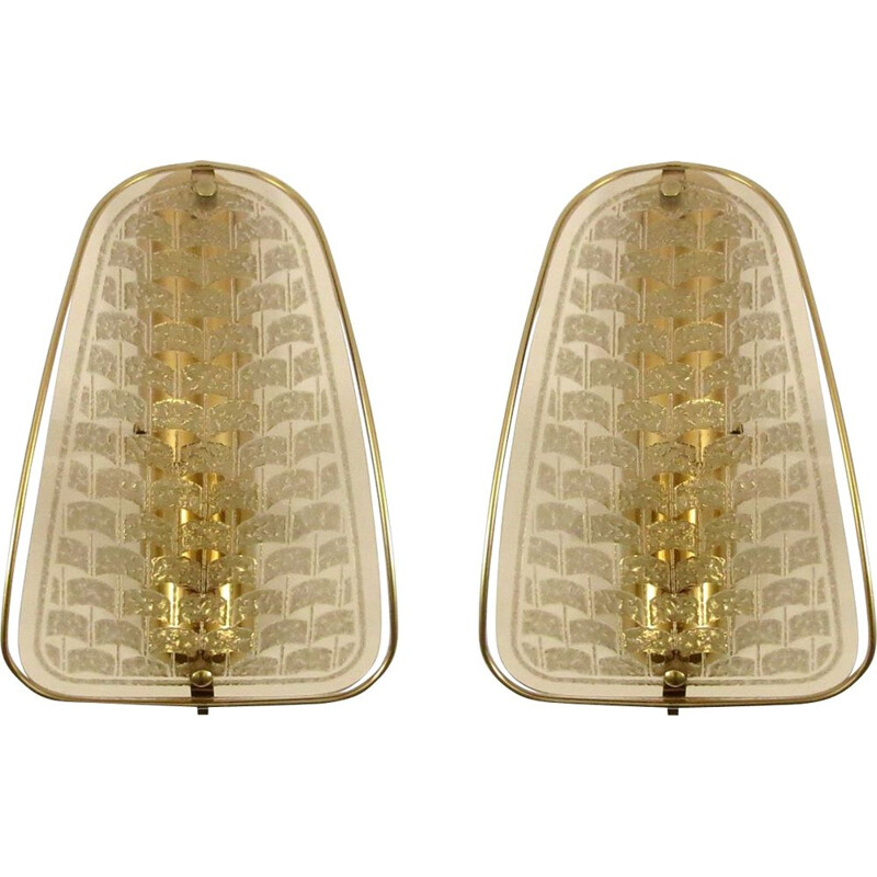 Pair of vintage gilded metal and smoked glass wall lights 1970s