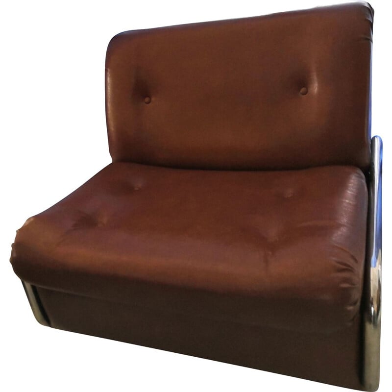 Fauteuil vintage convertible en cuir marron 1970