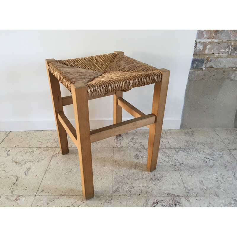 Vintage geometric stool in straw and solid beech