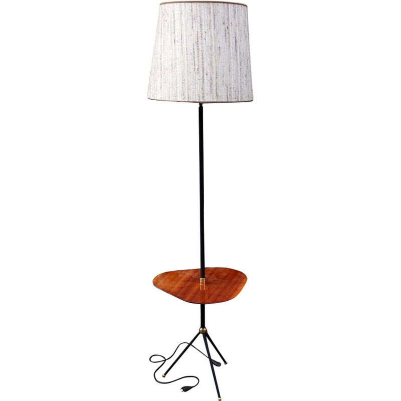 French tripod floor lamp with table in woven fabric and wood, Jean ROYERE - 1950s