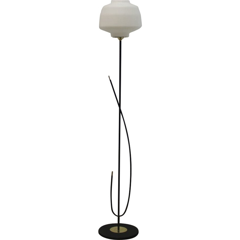 French mid-century floor lamp in opaline and iron - 1950s