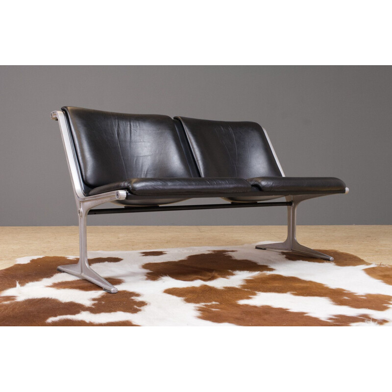 Vintage 1200 series bench in black leather by Friso Kramer for Wilkhahn 1967