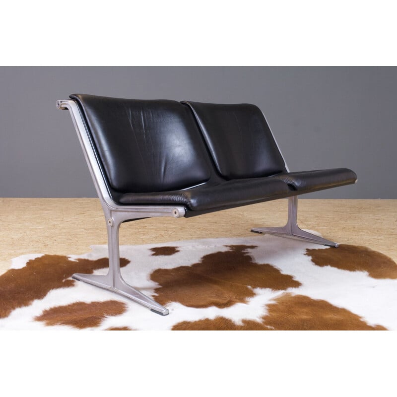 Vintage 1200 series bench in black leather by Friso Kramer for Wilkhahn 1967