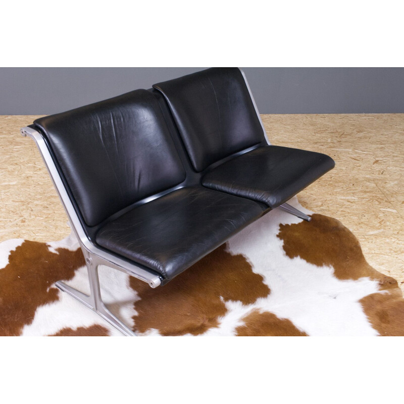 Vintage 1200 series bench in black leather by Friso Kramer for Wilkhahn 1967