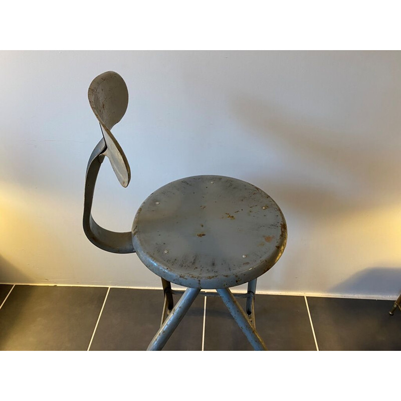 Chaise haute vintage réglable gris métallique pivotante de Nicolle 1950