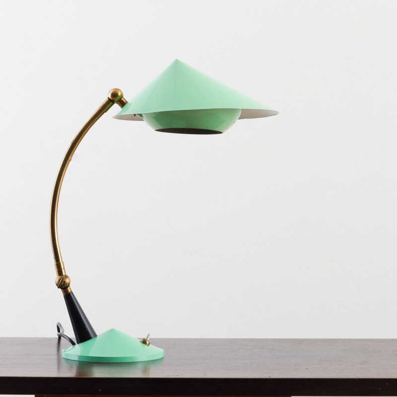 Lampe de bureau vintage Stilux Milano en laque couleur menthe et détails en laiton