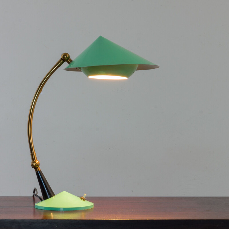 Lampe de bureau vintage Stilux Milano en laque couleur menthe et détails en laiton