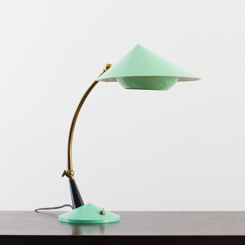 Lampe de bureau vintage Stilux Milano en laque couleur menthe et détails en laiton