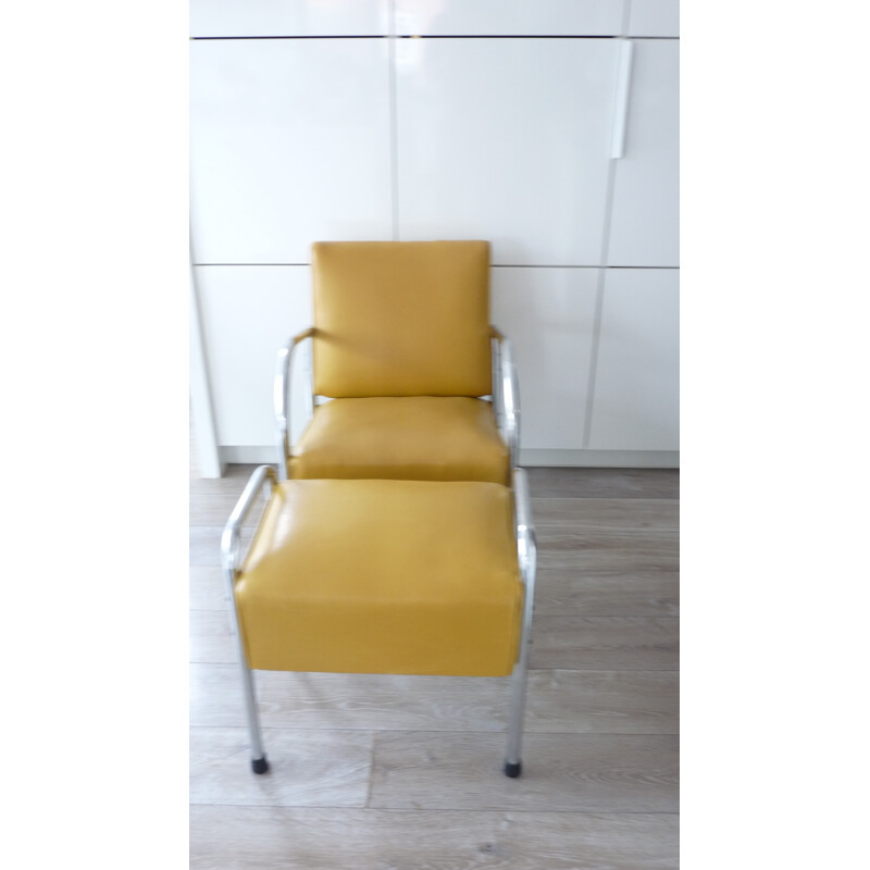Vintage armchairn and its ottoman in chrome and leatherette - 1970s