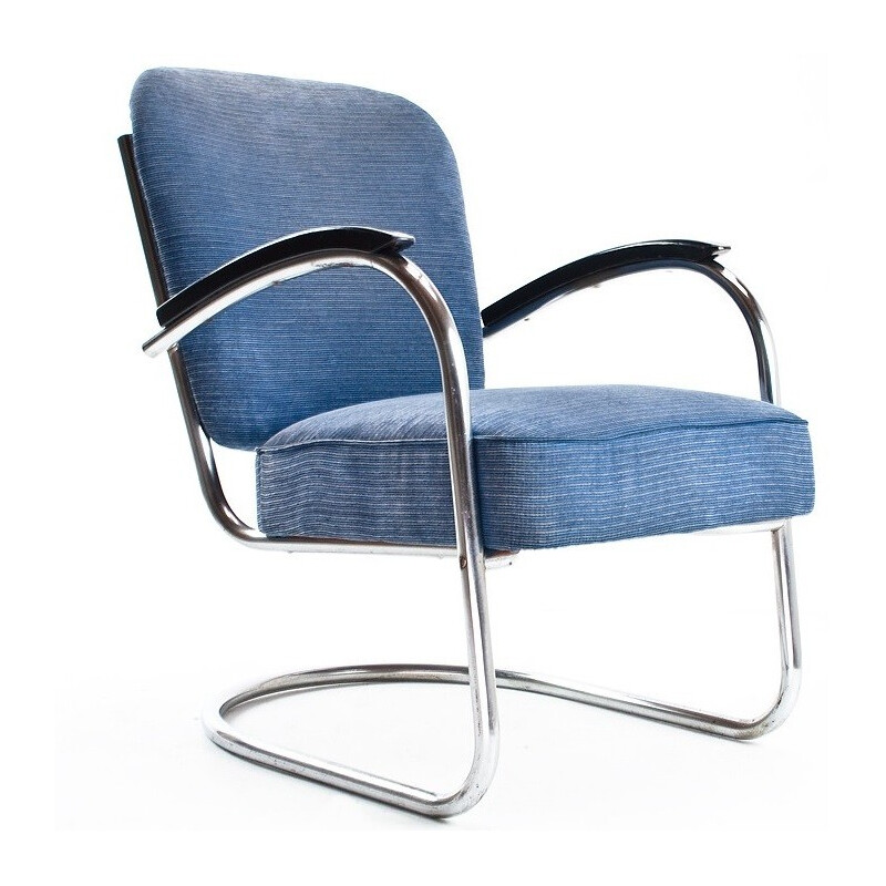 Fauteuil lounge 436 en tissu bleu, chrome et bois, Paul SCHUITEMA - 1930