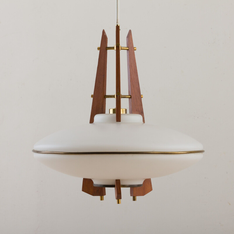 Vintage teak and opaline glass pendant lamp with brass details, Italy 1960s