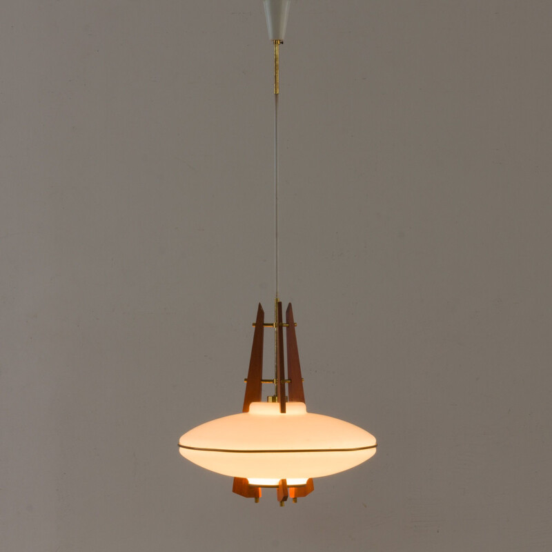 Vintage teak and opaline glass pendant lamp with brass details, Italy 1960s