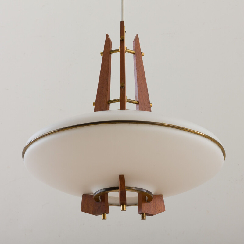 Vintage teak and opaline glass pendant lamp with brass details, Italy 1960s