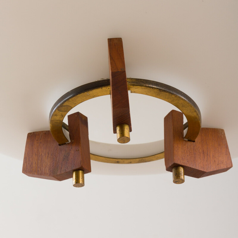 Vintage teak and opaline glass pendant lamp with brass details, Italy 1960s