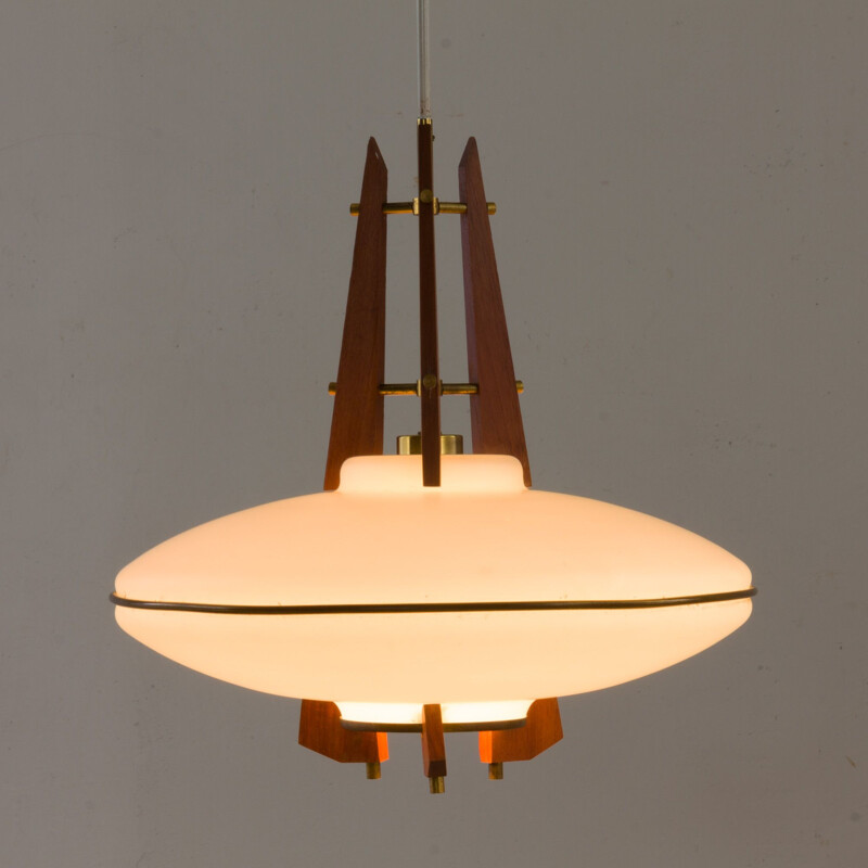 Vintage teak and opaline glass pendant lamp with brass details, Italy 1960s