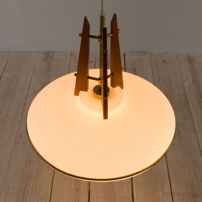 Vintage teak and opaline glass pendant lamp with brass details, Italy 1960s