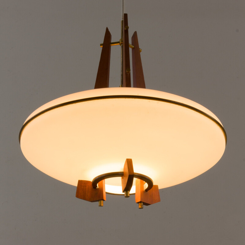 Vintage teak and opaline glass pendant lamp with brass details, Italy 1960s