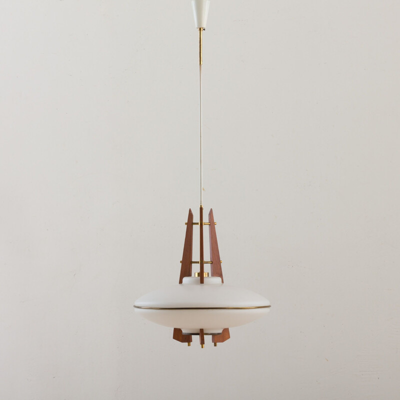 Vintage teak and opaline glass pendant lamp with brass details, Italy 1960s