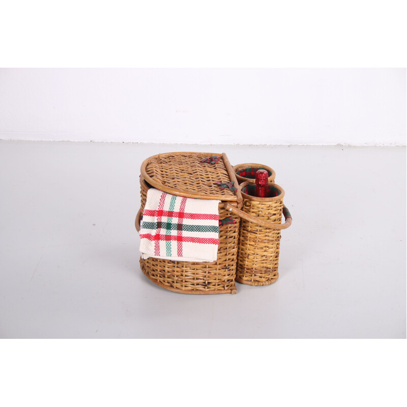 Vintage rattan picnic basket, Scandinavian 1960s