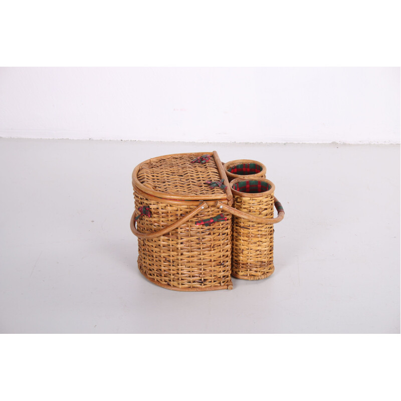 Vintage rattan picnic basket, Scandinavian 1960s